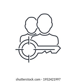 A group of specialists and a key. Professional team with a tool of success. Vector linear icon isolated on white background.