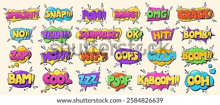 Group of Speech bubbles Smash Snap Pow Bang Omg Crack No Yeah Surprise Ok Hit Bomb Zap Wow Wtf Oops Crash Boom Bam Cool Zzz Poof Kaboom Oh. Color cartoon comic illustrations with halftone elements.