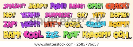 Group of Speech bubbles texts Smash Snap Pow Bang Omg Crack No Yeah Surprise Ok Hit Bomb Zap Wow Wtf Oops Crash Boom Bam Cool Zzz Poof Kaboom Oh. Color illustrations with halftone elements.