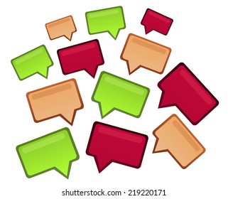 Group of speech design business bubbles in three colors - green, brown and magenta.