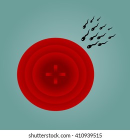 Group sperm eye tends to red schematic uterus. Drawing on a blue background.