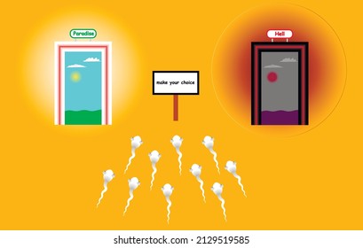a group of spermatozoa look at a sign with the inscription "make your choice" and on the left the gates of heaven and on the right the gates of hell on a yellow background