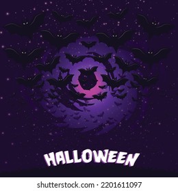 Group of spooky bats on fullmoon background. Halloween starry night sky with silhouettes of flying bats flock over moon. Vector illustration of moon, stars, bats and text halloween.