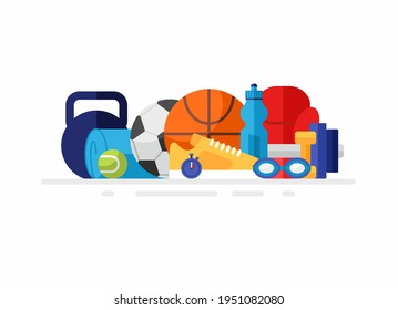 Group of sport equipment. Flat vector illustration. Balls, gaming items, accessories for fitness isolated on white background. Fits for sporting store department advertising banner