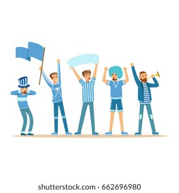 Group Of Sport Fans In Blue Outfit Supporting Their Team Vector Illustration