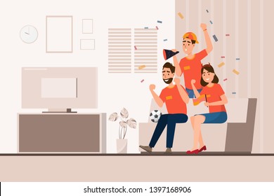 Group of sport fans cheer football for their team in front of TV. Vector illustration in cartoon character