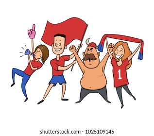 Group of sport fans with football attributes cheering for the team. Flat vector illustration on a white background. Cartoon character image.