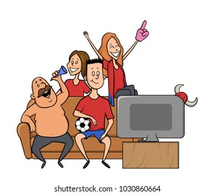 Group of sport fans with football attributes cheering for the team in front of TV-set on a couch. Flat vector illustration on a white background. Cartoon character image.