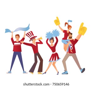 Group of sport fans with football attributes cheering for the team. Flat vector illustration, isolated on a white background. Cartoon character image.