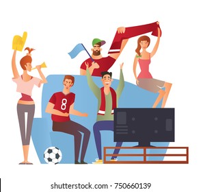 Group of sport fans with football attributes cheering for the team in front of TV-set on a couch. Flat vector illustration on a white background. Cartoon character image.