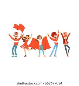 Group of sport fans in red outfit with flags supporting their team vector Illustration