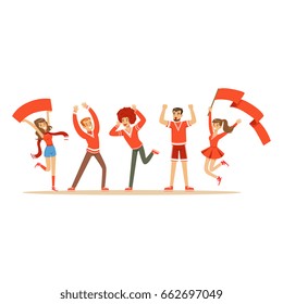 Group of sport fans in red outfit supporting their team shouting and cheering vector Illustration