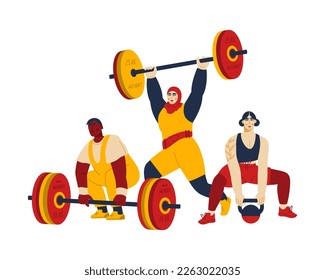 Group of sport people holding barbells and kettlebells. Strong weightlifters lifting weight. Heavy athletes doing exercises in fitness training. Vector flat illustration isolated on a white background