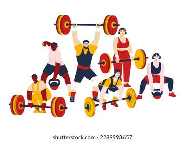 Group of sport people holding barbells and kettlebells. Strong powerlifters lifting weight. Team of heavy athletes doing exercises in fitness training. Vector flat illustration