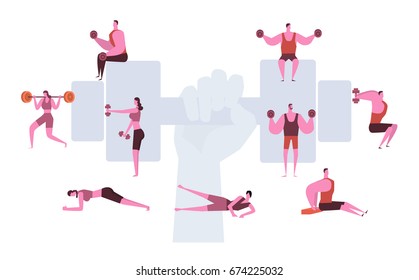 Group of sportive people in a gym Lifting Weight Exercise Workout and hand with dumbbell background.