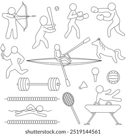 Group of sports icons. Set of vector illustrations on the theme of sports. Sketch. Rowing, baseball, crawl swimming, swinging legs on a gymnastics pommel horse. Doodle style. Coloring book.