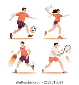 Group of sports people. Football, volleyball, basketball and tennis players. Active recreation, sports hobbies. Vector set of flat cartoon illustrations isolated on white.