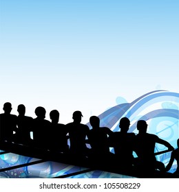 Group of sports person silhouette doing kayaking in beautiful blue water wave background. EPS 10.