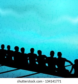 Group of sports person silhouette doing kayaking in beautiful blue water wave background. EPS 10.