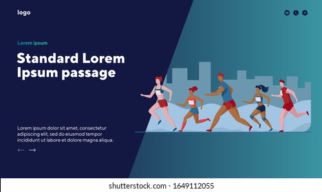 Group of sportsmen running marathon. People in sportswear jogging together flat vector illustration. Sport activities, competition concept for banner, website design or landing web page