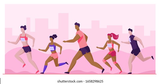 Group of sportsmen running marathon. People in sportswear jogging together flat vector illustration. Sport activities, competition concept for banner, website design or landing web page - Shutterstock ID 1658298625
