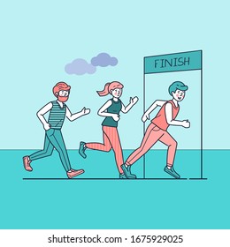 Group of sportsmen running marathon vector illustration. Sprinters crossing finish line, sport-jogging tournament. Healthy lifestyle and outdoor summer activity concept.