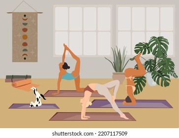 Group of sporty girls exercising together. Scene with young women and cute cat standing in asana during yoga fitness class . Colored flat vector illustration.