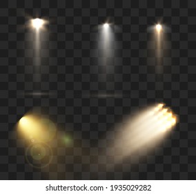 Grupo de focos aislados sobre fondo transparente. Efecto ligero con rayos y luces. Vector 10 eps.