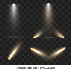 Group of spotlights isolated on transparent background. Light effect with rays and highlights. Vector 10 eps.