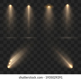 Group of spotlights isolated on transparent background. Light effect with rays and highlights. Vector 10 eps.
