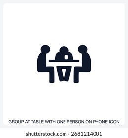 Group st Table with One Person on Phone Icon solid vector icon with a bold, minimal design. Suitable for presentations, websites, apps, infographics, and various digital or print projects.