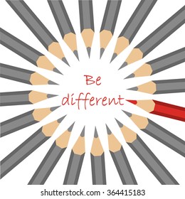 A group of standard grey pencils and one red forming a circle with motto - be different- in the center