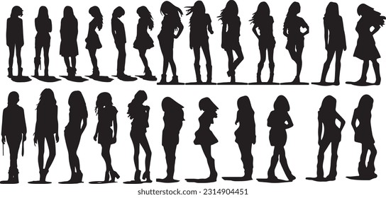 A group of standing business people, black color isolated on white background, Vector silhouettes of men and women, 