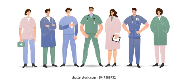 Gruppe der ständigen Ärzte. Vektorgrafik. Medizinisches Poster für Kliniken. Fachleute des Gesundheitswesens banner-Vorlage. Personal im Krankenhaus, Team.
