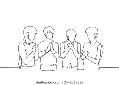group of standing men praying - one line art vector. concept of men's club, sect, brotherhood, prayer of believing men. Hand made vector not AI