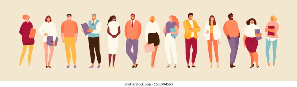 Group standing office of people of different nationalities and ages. Multiethnic company vector illustration