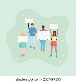 Group of standing protesters of different nationalities with placards in hands in flat style vector illustration