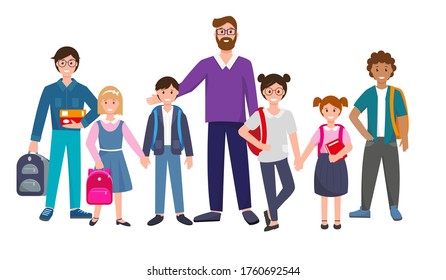 Group of standing pupils and  teacher. Children with books and school bags. Smiling school boys, girls and man on white background. Vector illustration.