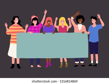Group standing together striking people holding banners. Flat cartoon and vector illustration of group of male and female people standing with flags and posters in hands protest parade