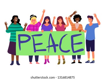 Group standing together striking people holding banners. Flat cartoon and vector illustration of group of male and female people standing with flags and posters in hands protest parade