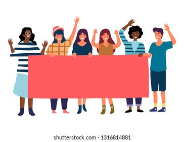 Group standing together striking people holding banners. Flat cartoon and vector illustration of group of male and female people standing with flags and posters in hands protest parade