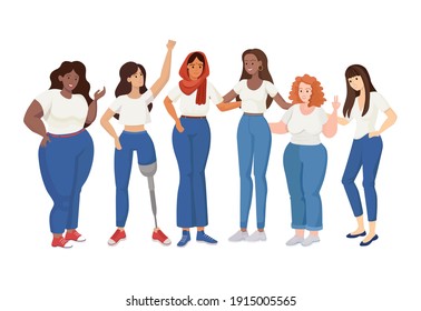 Group of standing women of different sizes and races vector flat illustration. Skinny and curvy women, woman with prosthesis. Girl power, International Woman Day, Feminism, body positive concept.