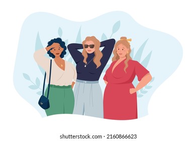 Un grupo de jóvenes y elegantes amigas de plumón. Mujer más grande con ropa casual.