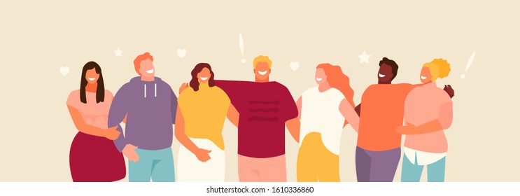 Group of standing young people hugging. Friendship and youth vector illustration