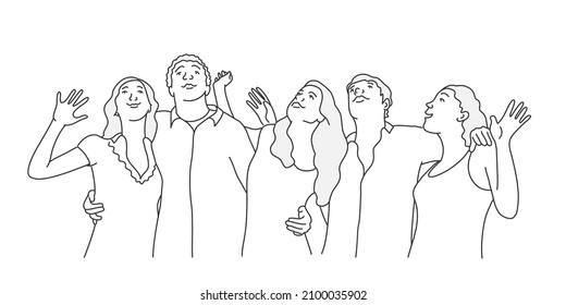 Group of standing young people hugging and looking up. Hand drawn vector illustration. Black and white.