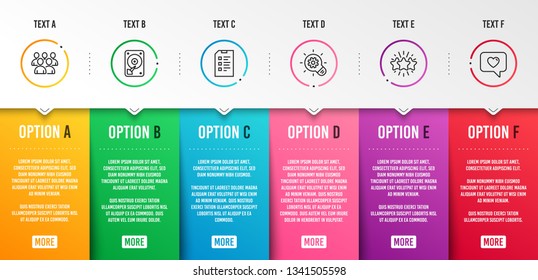 Group, Star and Hdd icons simple set. Cogwheel, Checklist and Love message signs. Developers, Customer feedback. Technology set. Infographic template. 6 steps timeline. Business options. Vector