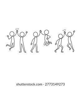 a group of stick figure people jumping and celebrating with raised arms in the air, conveying a sense of joy and excitement, perfect for illustrating happiness and success in various contexts