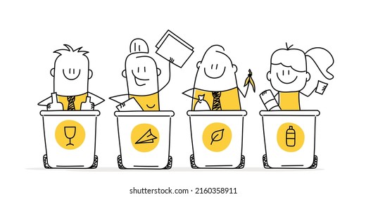 Group of stick figures putting rubbish in trash bins, dumpsters or containers. Doodle style. Vector illustration.