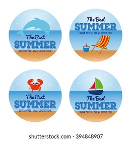 Group of stickers with text and different summer items on a white background