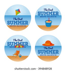 Group of stickers with text and different summer items on a white background